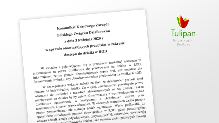 Siechnice: ROD Tulipan: Komunikat Krajowego Zarządu Polskiego Związku Działkowców