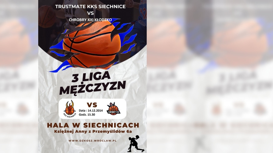 Siechnice: Zaproszenie na mecz koszykówki: TrustMate KKS Siechnice vs. Chrobry XXI Kłodzko